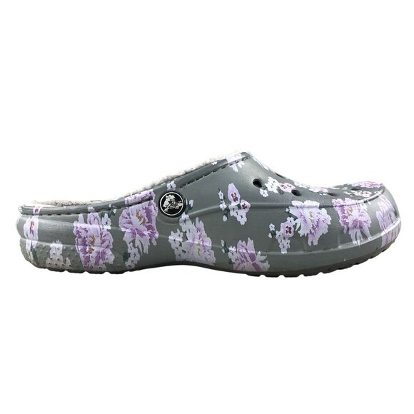 Crocs Women's Size 8 Freesail Grey Purple Floral Print Faux Fur Lined Mules - Picture 1 of 13